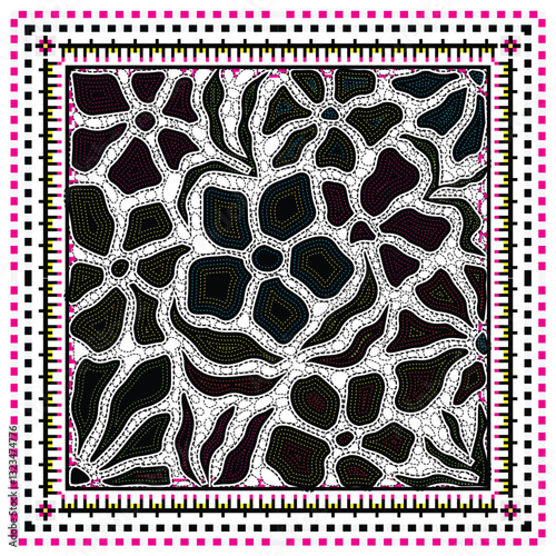 A colorful hand drawn print, floral pattern featuring bold outlines, intricate details, and a vibrant border of squares and lines.