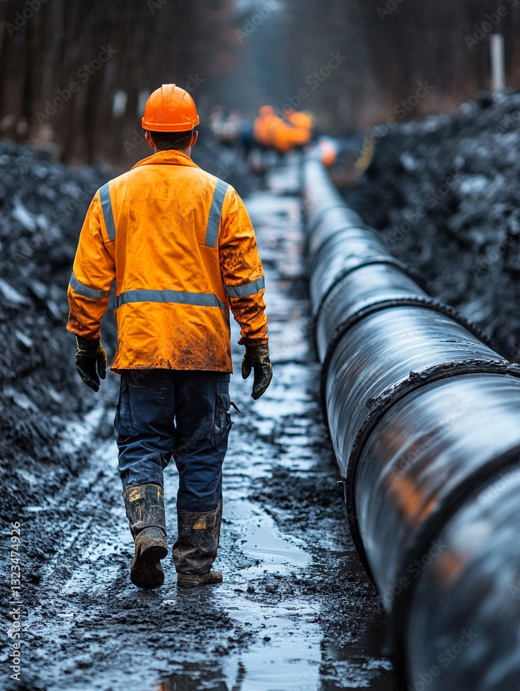 Workers install pipeline at construction site during day Workers install pipeline at construction site during day