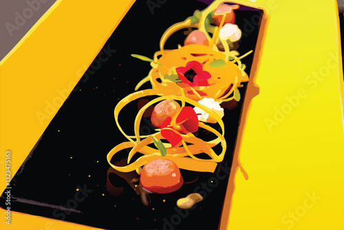 Create an abstract food plating image evoking molecular gastronomy.  Showcase innovative textures, vibrant colors, and unexpected food pairings.