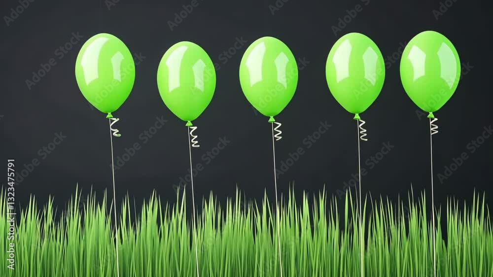 Bright green balloons stand in a line above vibrant grass against a dark background