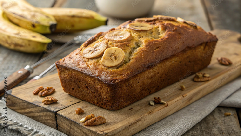 deliciously baked banana bread with banana slices and some nuts beside it. The loaf sits on a wooden board, with some ripe bananas in background. deliciously baked banana bread with banana slices and some nuts beside it. The loaf sits on a wooden board, with some ripe bananas in background.