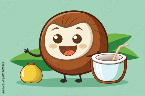 Cheerful cartoon character holding a jar of juice surrounded by a light green background with a playful expression and friendly demeanor