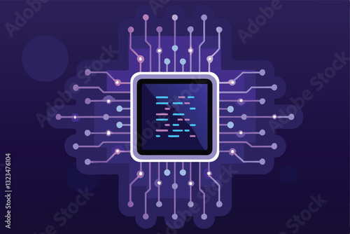 Generate a vibrant, abstract image of a glowing circuit board seamlessly integrated with flowing lines of code, emphasizing technological innovation.