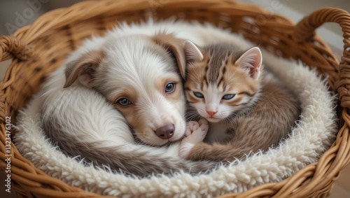 Adorable puppy and kitten snuggled together in a cozy basket, showcasing friendship and warmth. photo