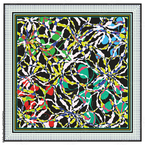 A vibrant abstract pattern of intertwined shapes in green, blue, pink, and red against a black background, framed with colorful borders.