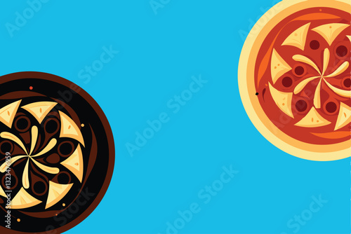 Generate an abstract image showcasing dynamic shapes and colors inspired by the artistic arrangement of food on plates, evoking a sense of culinary elegance.