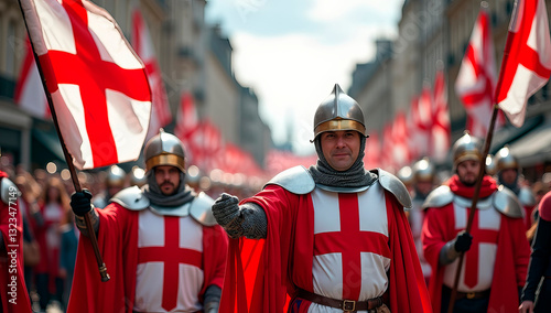 A grand St. George’s Day parade in England, featuring people dressed as medieval knights waving the red and white Cross of St. George flag