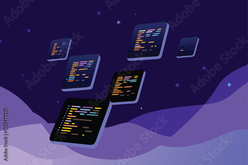 Create an abstract tech background featuring vibrant, colorful code snippets interwoven with geometric shapes and glowing lines.  Emphasize a futuristic, digital aesthetic.