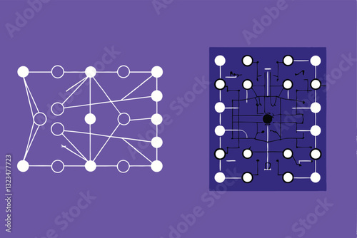 Generate an abstract vector image depicting interconnected nodes, showcasing a complex network structure with vibrant color gradients.  Emphasis on clean lines and geometric shapes.