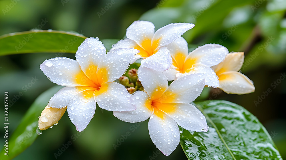 Obraz premium Close-up of a cluster of white plumeria flowers with water droplets, vibrant colors and lush green leaves