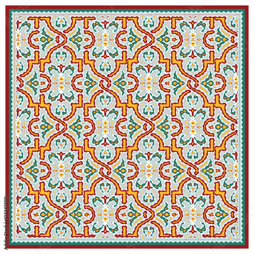 Intricate geometric pattern with vibrant red, yellow, teal, and white, framed in a dark border, showcasing artful symmetry and design.