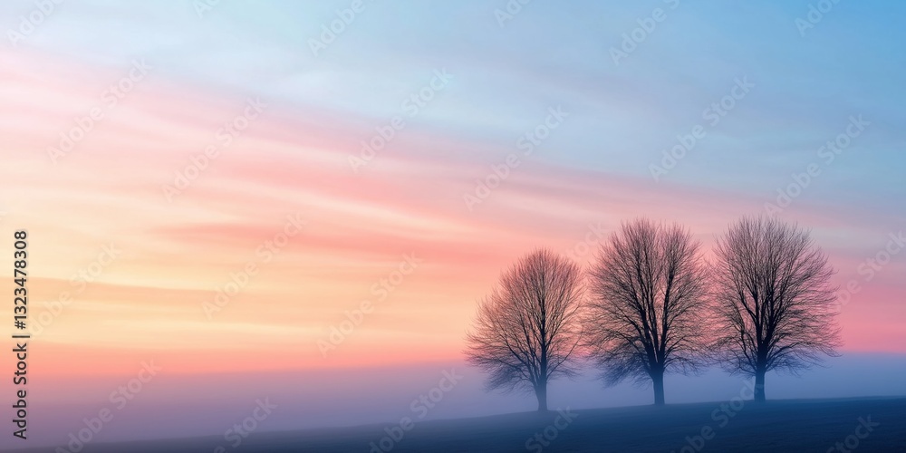 Obraz premium A beautiful sunset with a field of trees in the background. The trees are bare and the sky is a mix of pink and blue