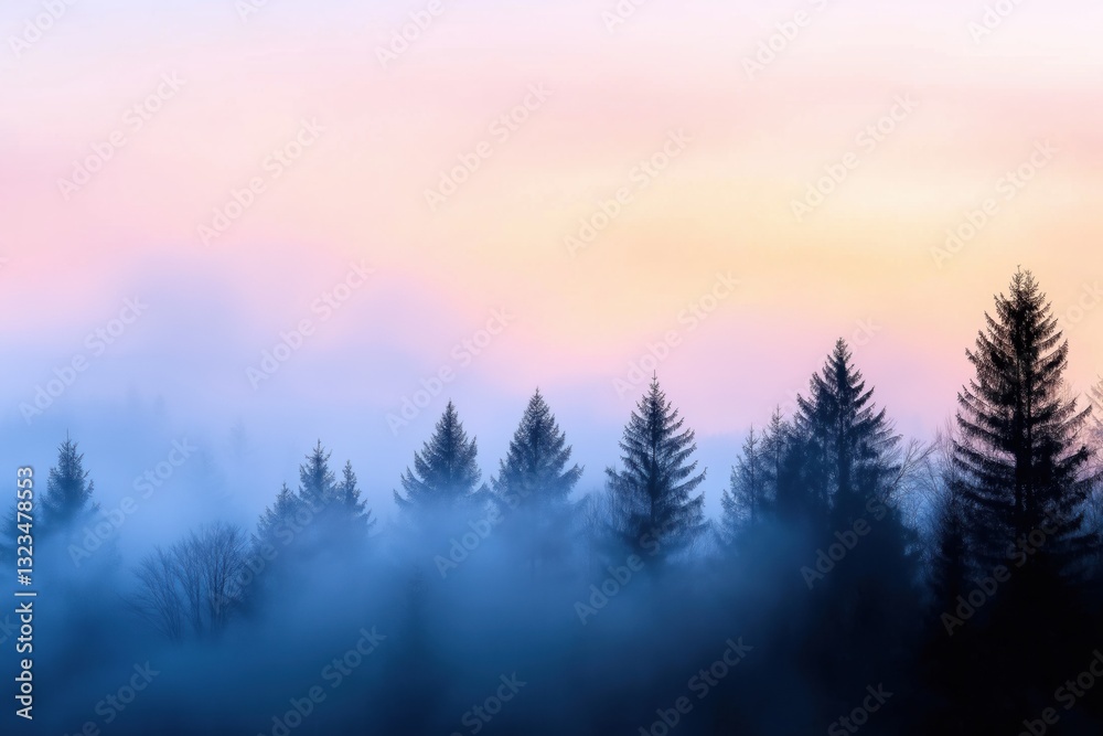 A forest with trees covered in mist and a sky with a pink hue. The mist gives the forest a mysterious and serene atmosphere