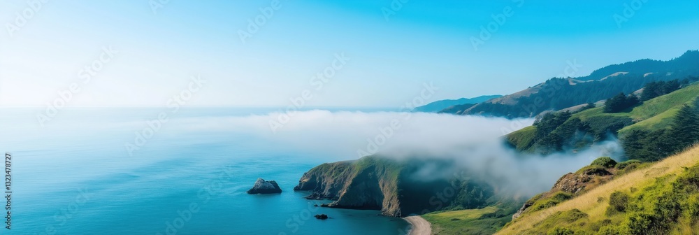 custom made wallpaper toronto digitalA foggy day at the beach with a mountain in the background. The sky is blue and the water is calm