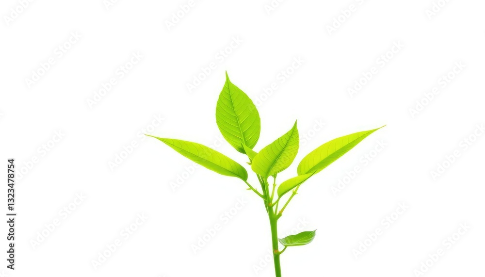 Fototapeta premium Single vibrant green plant, isolated on pure white backdrop, plant, organic