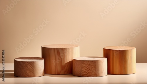 four wooden podiums on beige backdrop