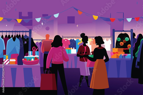 A vibrant charity bazaar teeming with people browsing colorful stalls selling diverse handcrafted goods and food.  Capture the bustling atmosphere and joyful energy.