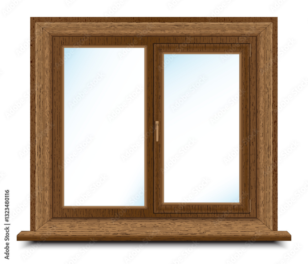 A double-leaf wooden window with a brown color, on a transparent background. A vector illustration. A double-leaf wooden window with a brown color, on a transparent background. A vector illustration.