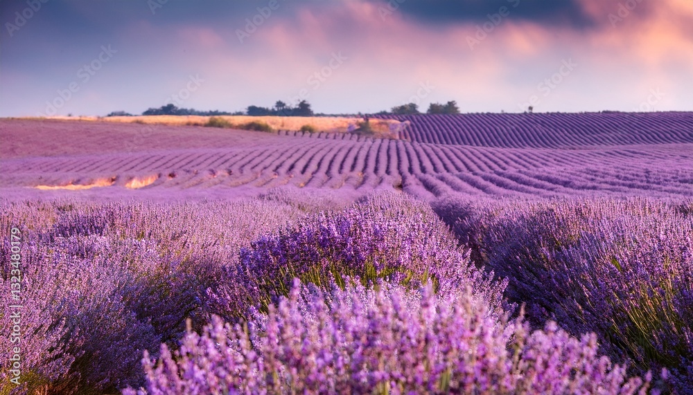 Fototapeta premium Lavender field with an airy, faded depth-of-field effect, creating a tranquil and calming aesthetic. Perfect for nature-inspired, serene, and peaceful design projects. 