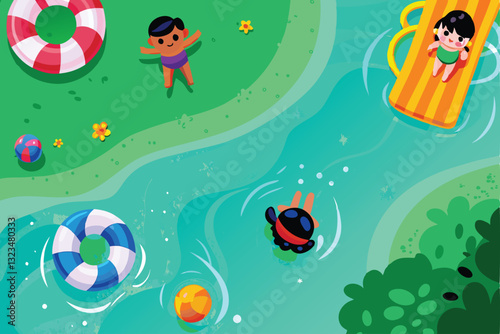 A vibrant cartoon illustration of a swimming pool scene with multiple cheerful characters diving and splashing joyfully.