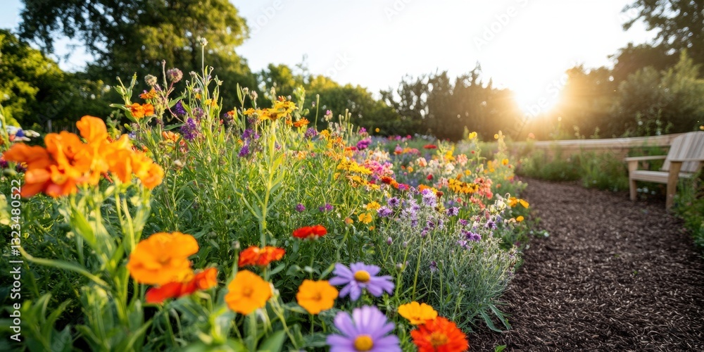 Obraz premium Regenerative Landscape Design Pollinator Paradise Garden with Sunrise Biodiversity - Eco-Friendly Wellness Sanctuary for Sustainable Urban Gardening Trends
