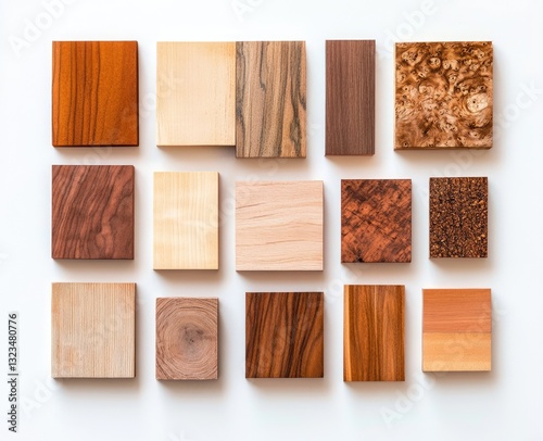 Wood samples in various shades and grains displayed on a white background.  Different types of wood, showcasing a variety of colors and patterns.  Perfect for design inspiration and selection