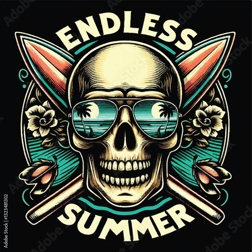 A punk-rock summer logo featuring a detailed skull wearing reflective sunglasses with a tropical beach inside them, crossed surfboards behind the skull, and Endless Summer text below