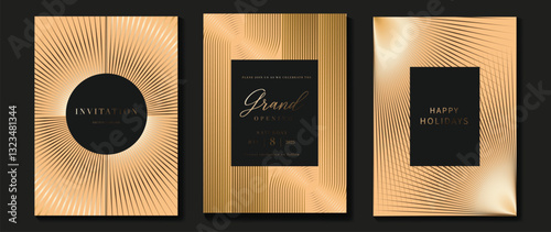 Luxury invitation card background vector. Golden elegant geometric shape, gold lines gradient on light background. Premium design illustration for gala card, grand opening, party invitation, wedding.