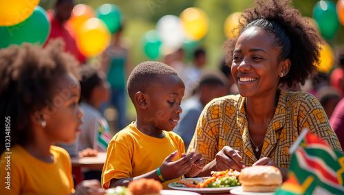 A Freedom Day of South Africa family gathering in a park, where mother and her childrens enjoy traditional South African food