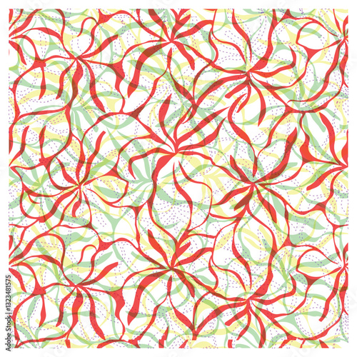 A vibrant floral pattern with red, green, and yellow swirls interlaced against a light background, creating a lively, dynamic design.