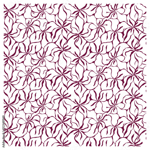 Repeating floral pattern featuring intricate maroon flowers with flowing petals on a white background.