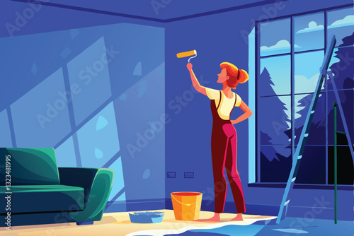 A smiling woman, cheerful housewife, paints a bright yellow wall in her sunny kitchen, showcasing domestic bliss and home improvement.