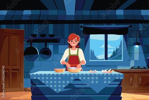 A jovial woman, apron-clad, happily prepares a wholesome breakfast in a charming, rustic kitchen featuring exposed beams and vintage cookware.