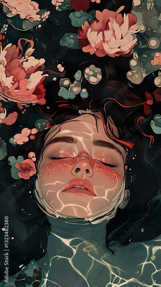 Φωτογραφία Submerged Woman in a Sea of Flowers: A Dreamlike Digital Painting