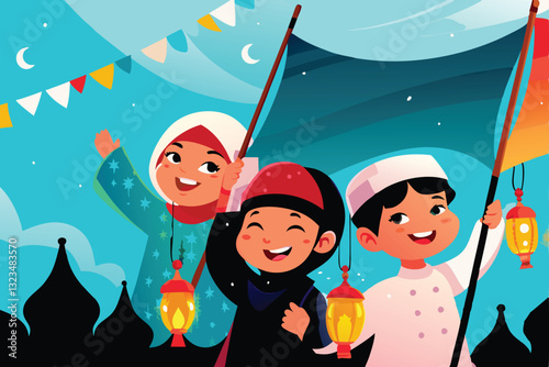 A vibrant vector illustration of diverse children joyfully participating in traditional folk dance or games.