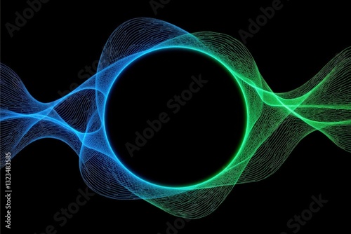 Vibrant Abstract Wave Patterns with Circular Center: A Stunning Display of Blue and Green Light Waves on a Black Background