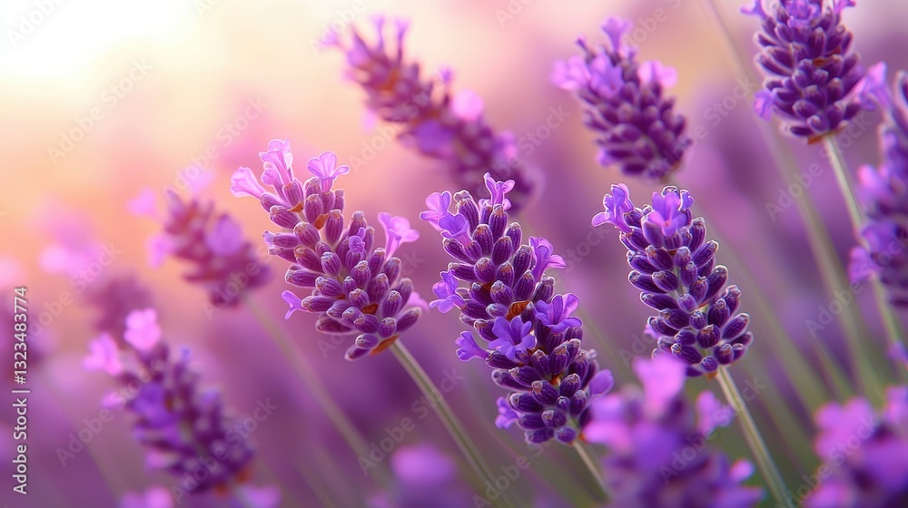 Close-Up of Vibrant Lavender Flowers in Soft Sunlight Background Close-Up of Vibrant Lavender Flowers in Soft Sunlight Background
