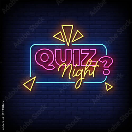 quiz night neon sign with brick wall background vector