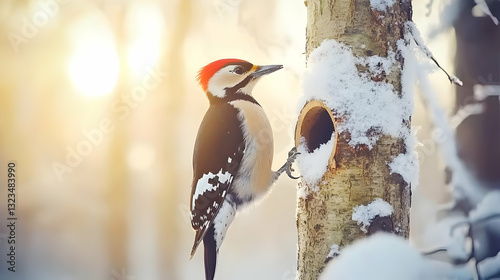 Woodpecker Perched Near Nesting Hole on Tree in Winter Forest