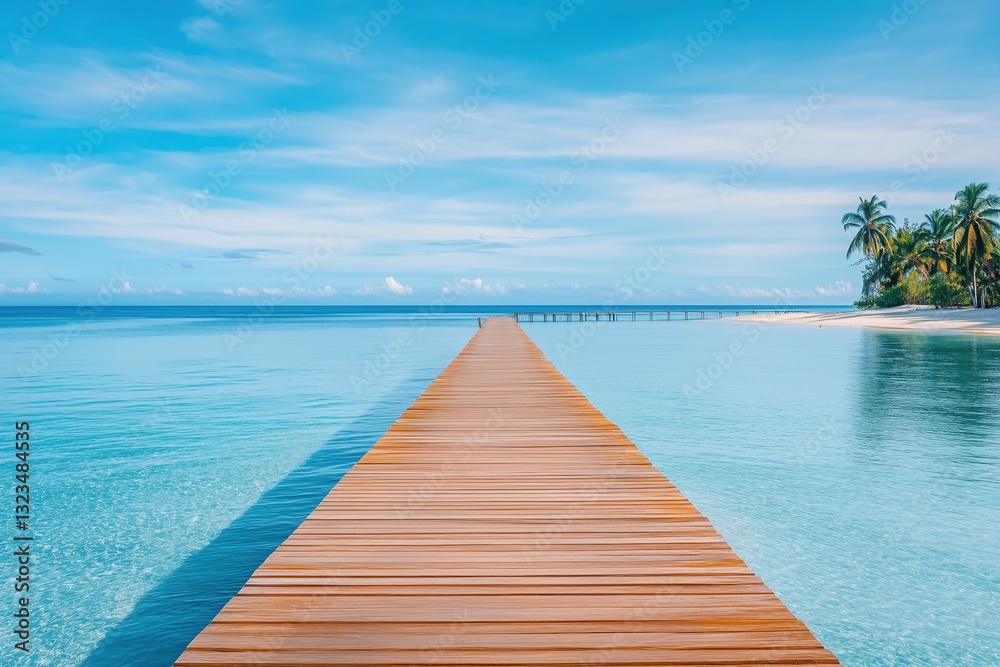 Stunning panoramic view of a long wooden pier extending into a vibrant turquoise tropical ocean under a clear blue sky Stunning panoramic view of a long wooden pier extending into a vibrant turquoise tropical ocean under a clear blue sky