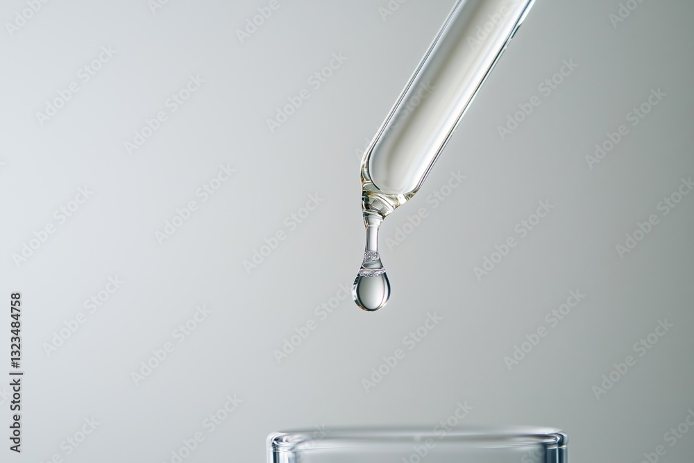 Pure essential oil dropping from glass pipette isolated on white background - close-up macro photography Pure essential oil dropping from glass pipette isolated on white background - close-up macro photography