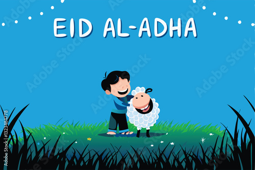 A heartwarming scene of a father and young child tenderly interacting with a fluffy sheep in a vibrant, sun-drenched green field.