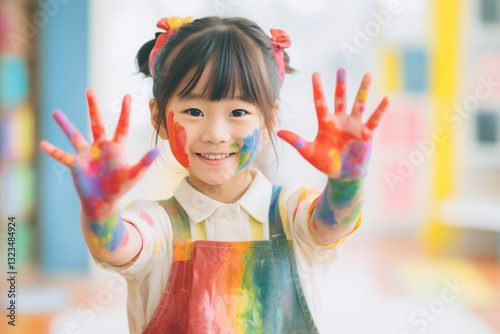 Cheerful Asian elementary school girl with colorful face and hands playing with paint