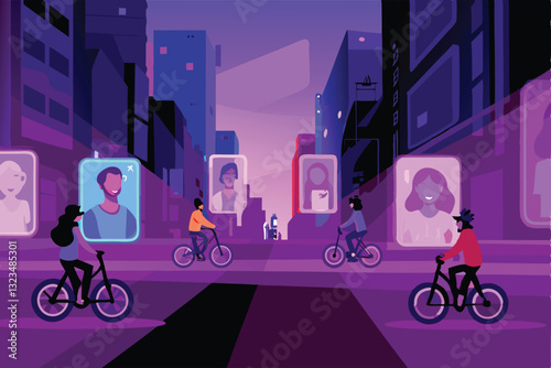 Futuristic metaverse cityscape avatars riding giant glowing glyphs above towering skyscrapers, neon lights, holographic advertisements.