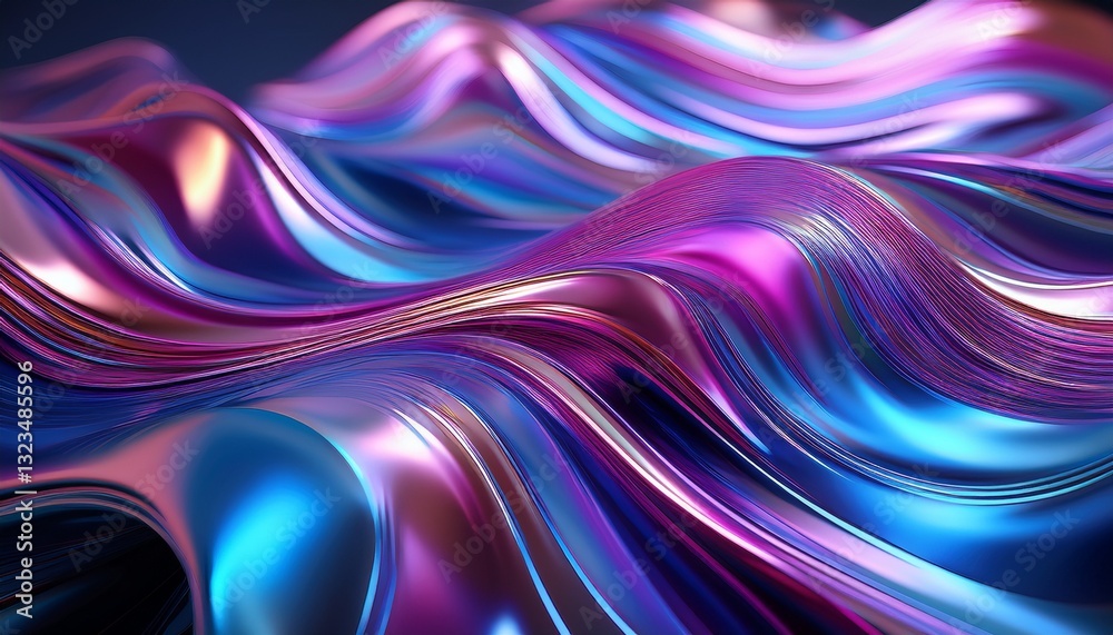 Naklejka premium Holographic rainbow waves with fluid metallic reflections shifting between pink, blue, and violet, creating a dynamic, mesmerizing effect