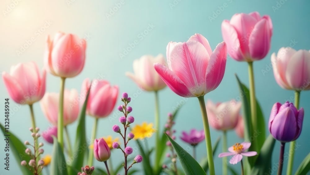 A vibrant spring garden showcasing delicate pink and purple tulips in full bloom, complemented by smaller wildflowers, bathed in soft sunlight against a serene pastel backdrop. A vibrant spring garden showcasing delicate pink and purple tulips in full bloom, complemented by smaller wildflowers, bathed in soft sunlight against a serene pastel backdrop.