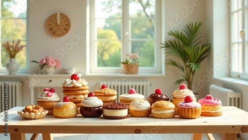 Wallpaper Mural A delightful assortment of sweet pastries, elegantly arranged on a light wooden table, bathed in soft natural light from a nearby window, creates a tempting visual display of delicious baked goods. Torontodigital.ca