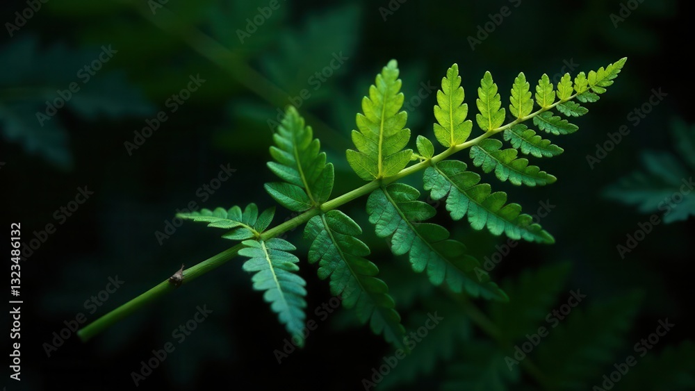 A Single Sprig of Vibrant Green Foliage, Illuminated by Soft Light Against a Deep Emerald Background A Single Sprig of Vibrant Green Foliage, Illuminated by Soft Light Against a Deep Emerald Background