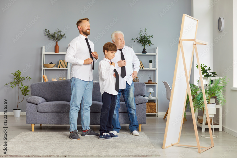 Happy smiling family of father, child boy and senior grandfather standing in living room at home and looking at the mirror together dressed in white shirts, jeans and ties. Generations concept. Happy smiling family of father, child boy and senior grandfather standing in living room at home and looking at the mirror together dressed in white shirts, jeans and ties. Generations concept.