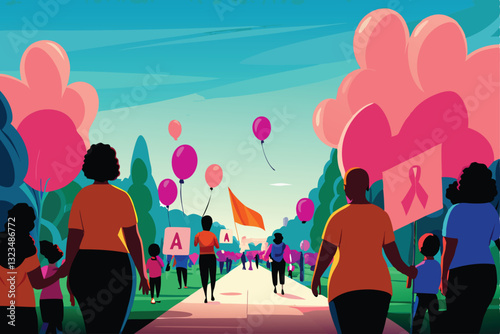 Capture the vibrant energy of a diverse charity walkathon; showcase participants of all ages and abilities enjoying the event, highlighting colorful costumes and banners.